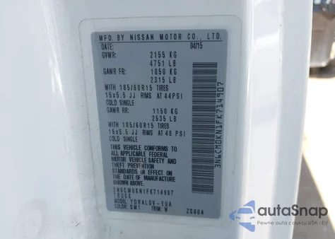 2015 Nissan Nv200 S z USA, uszkodzony, nr VIN 3N6CM0KN1FK714907